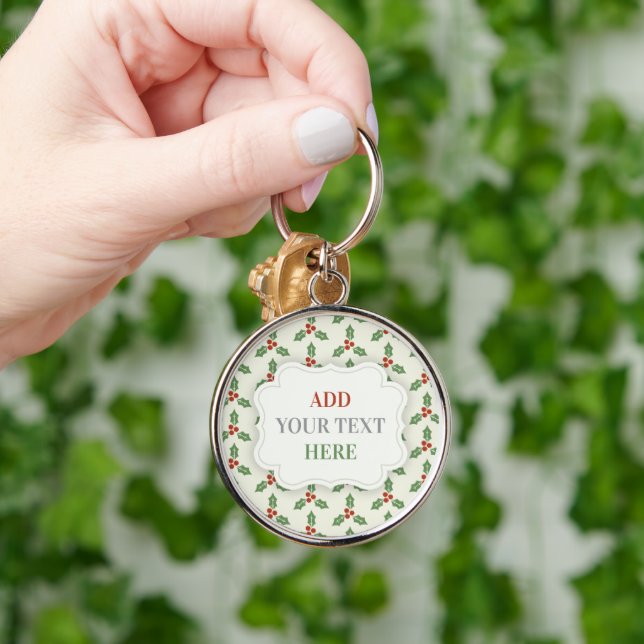 Christmas Holly Pattern Green Holly Red Berries Key Ring (Hand)