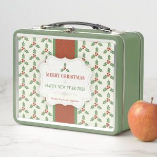 Christmas Holly Pattern Green Holly Red Berries Metal Lunch Box