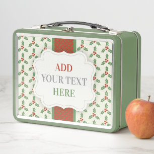 Christmas Holly Pattern Green Holly Red Berries Metal Lunch Box