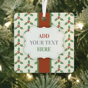 Christmas Holly Pattern Green Holly Red Berries Metal Tree Decoration