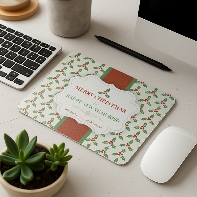Christmas Holly Pattern Green Holly Red Berries Mouse Mat (Creator Uploaded)