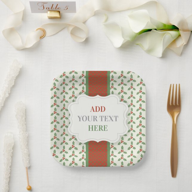 Christmas Holly Pattern Green Holly Red Berries Paper Plate (Wedding)