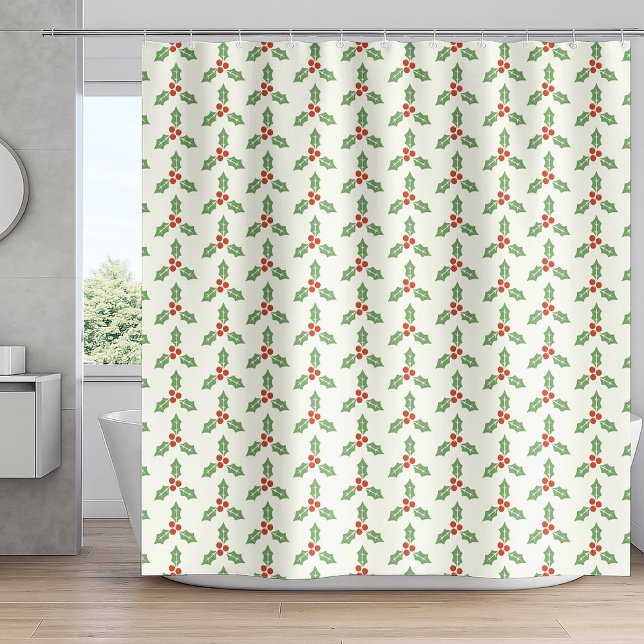 Christmas Holly Pattern Green Holly Red Berries Shower Curtain (Creator Uploaded)
