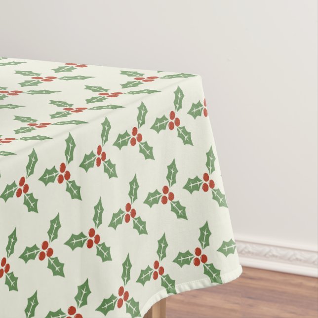 Christmas Holly Pattern Green Holly Red Berries Tablecloth (In Situ)