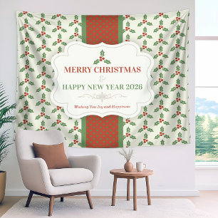 Christmas Holly Pattern Green Holly Red Berries Tapestry