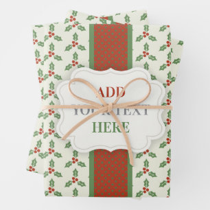 Christmas Holly Pattern Green Holly Red Berries Wrapping Paper Sheet