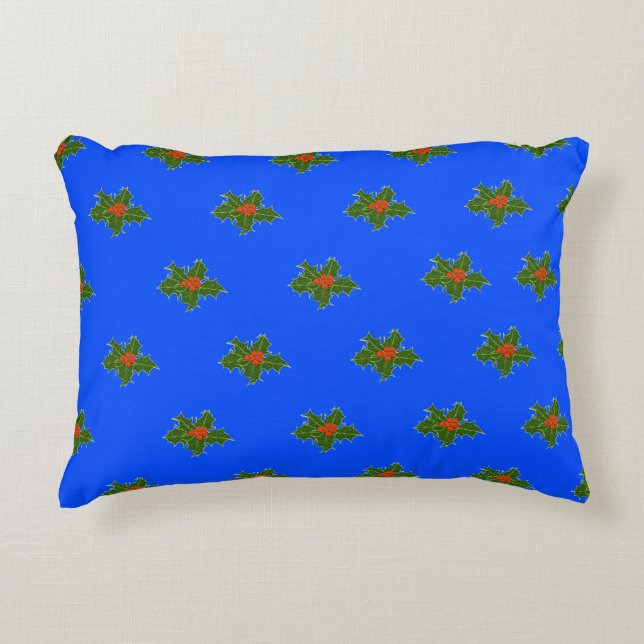 Christmas Holly pattern on blue background Decorative Cushion (Front)