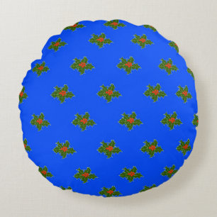 Christmas Holly pattern on blue background Round Cushion