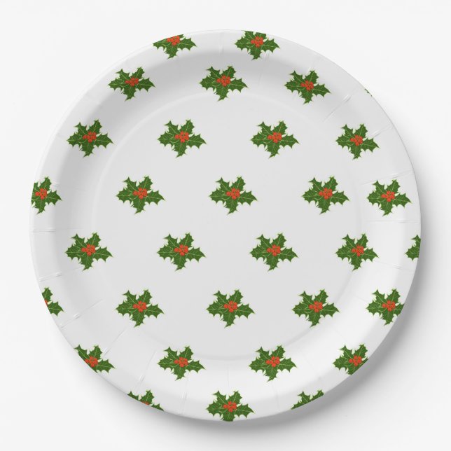 Christmas Holly Pattern Red Berries Green Leaves   Paper Plate (Front)