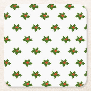 Christmas Holly Pattern Red Berries Green Leaves Square Paper Coaster