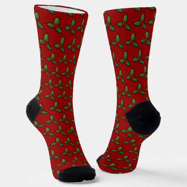 Christmas Holly Pattern Red Socks (Angled)