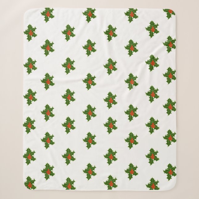 Christmas Holly Pattern Sherpa Blanket (Front)