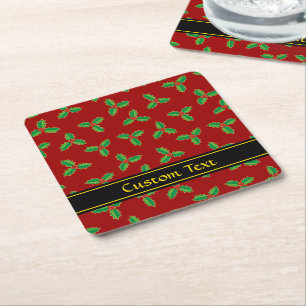 Christmas Holly Pattern Square Paper Coaster