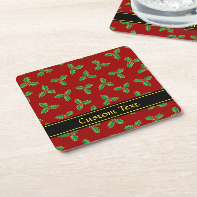 Christmas Holly Pattern Square Paper Coaster (Angled)