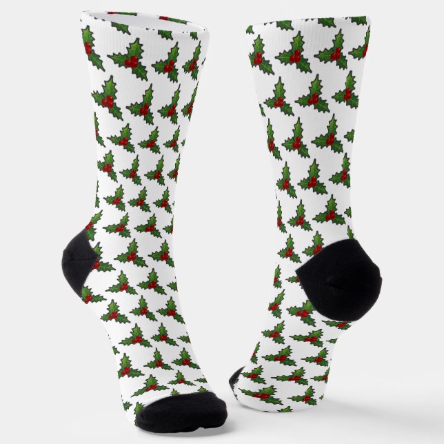 Christmas Holly Pattern White Socks (Angled)