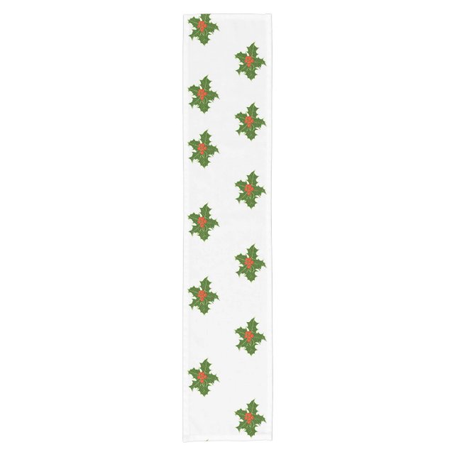 Christmas Holly Pattern With Red Berries on White Short Table Runner (Front)