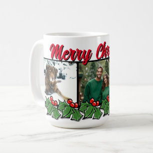 Christmas holly personalize 3 photo coffee mug