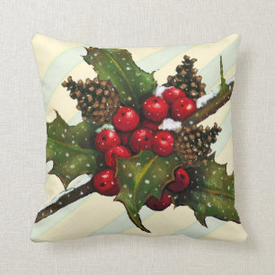 Christmas Holly, Pine Cones, Berries, Stripes Cushion