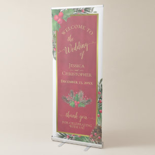 Christmas Holly & Pine Elegant Wedding Welcome Retractable Banner
