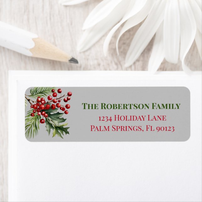 Christmas Holly Pine Grey Return Address (Insitu)