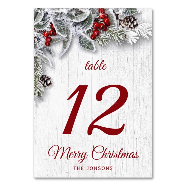 Christmas Holly Pine Rustic Holiday Christmas Table Number (Front)
