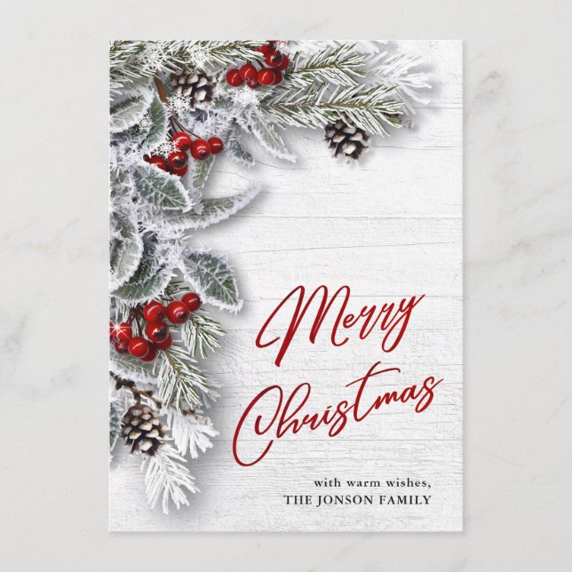 Christmas Holly Pine Rustic Holiday Greeting Card (Front)