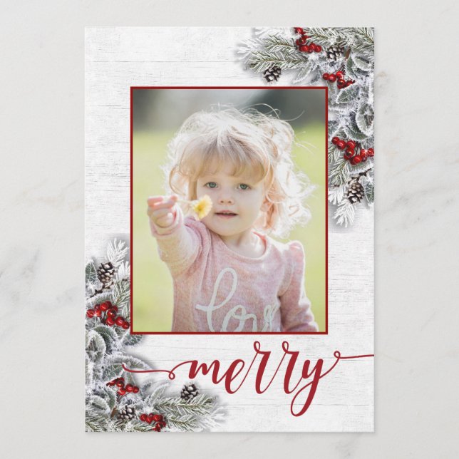 Christmas Holly Pine Rustic Photo Holiday Card (Front)