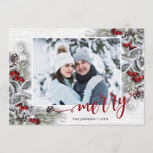 Christmas Holly Pine Rustic Photo Holiday Card (Front)