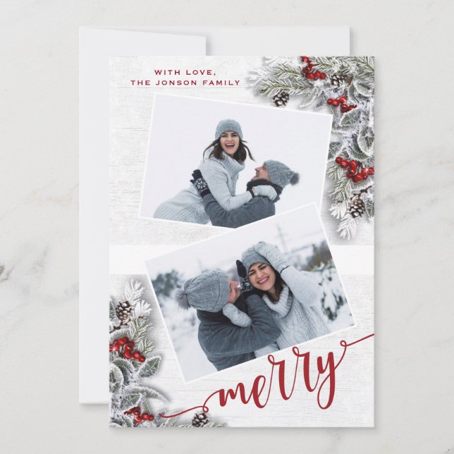 Christmas Holly Pine Rustic Photo Holiday Card (Front)