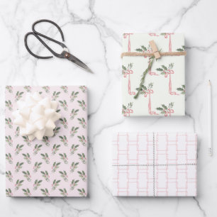 Christmas Holly Pink & Green Wrapping Paper Sheet