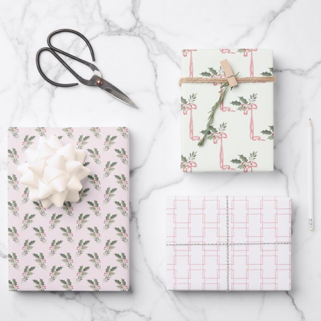 Christmas Holly Pink & Green Wrapping Paper Sheet (Front)