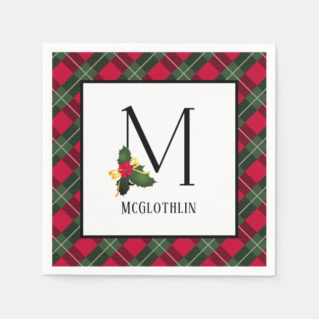 Christmas Holly Plaid Monogram M Personalised Napkin (Front)