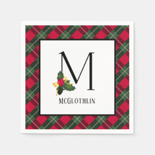 Christmas Holly Plaid Monogram M Personalized Napkin