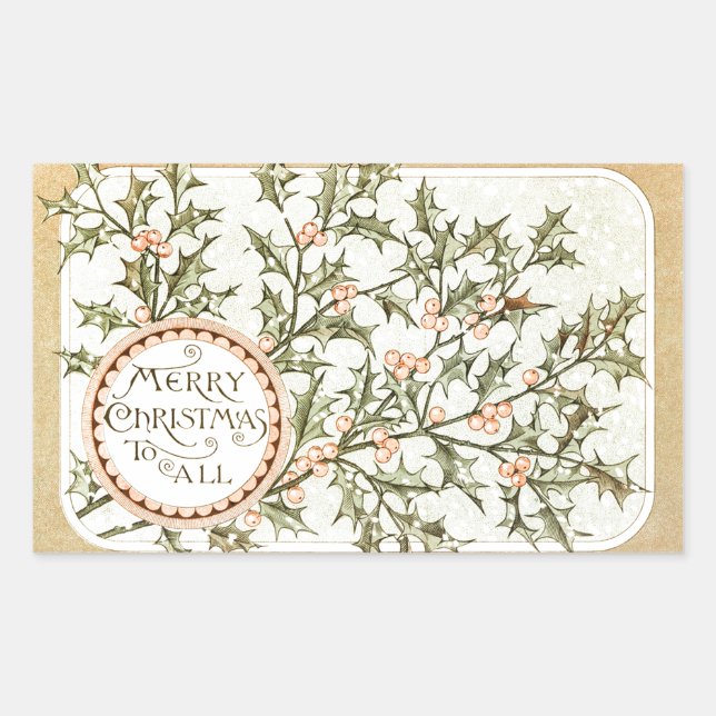 Christmas Holly Pretty Antique Greeting Rectangular Sticker (Front)