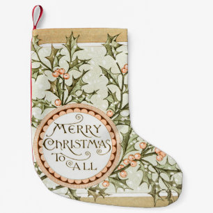 Christmas Holly Pretty Antique Greeting Small Christmas Stocking