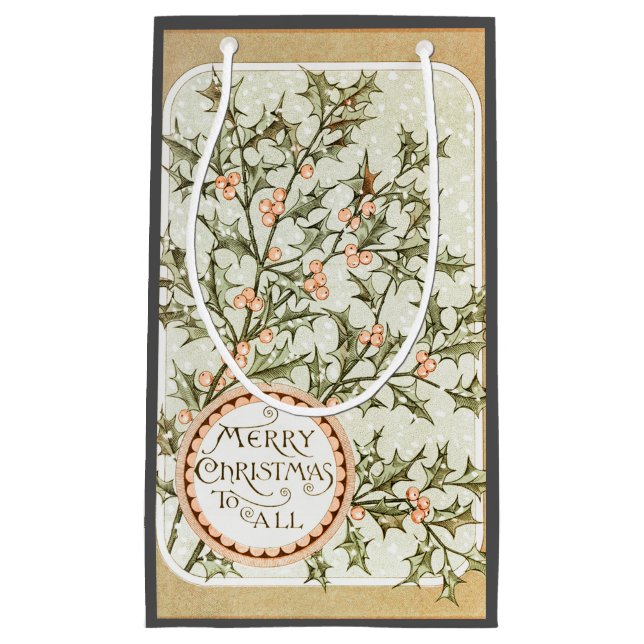 Christmas Holly Pretty Antique Greeting Small Gift Bag (Front)