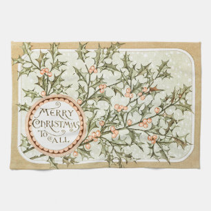 Christmas Holly Pretty Antique Greeting Tea Towel