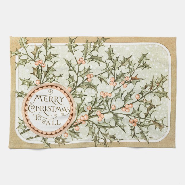 Christmas Holly Pretty Antique Greeting Tea Towel (Horizontal)
