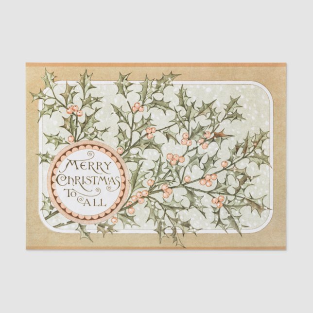 Christmas Holly Pretty Antique Greeting Tissue Paper (Front)
