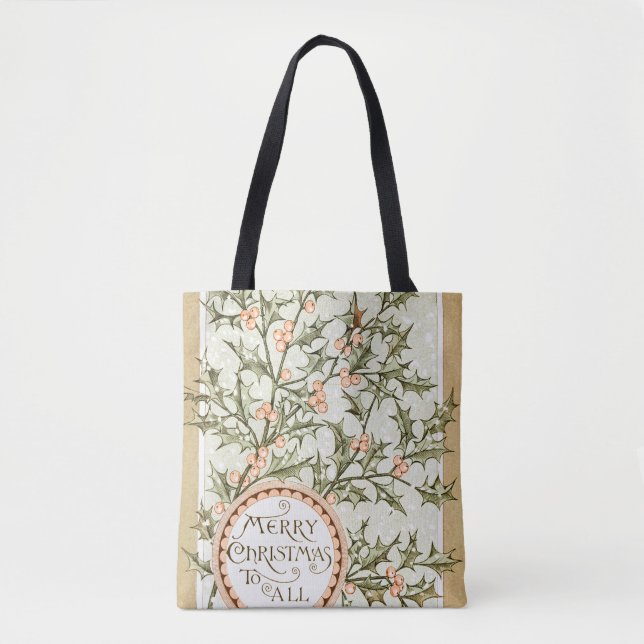 Christmas Holly Pretty Antique Greeting Tote Bag (Front)