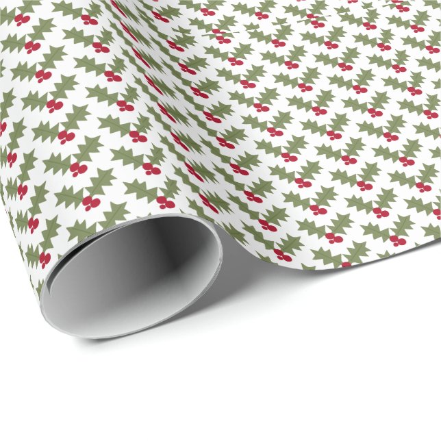 Christmas Holly Red Berries Green Leaves Wrapping Paper (Roll Corner)