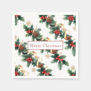 Christmas Holly Red Berries Pine Cones Gold Ribbon Napkin
