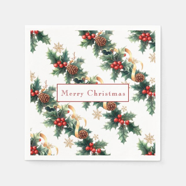 Christmas Holly Red Berries Pine Cones Gold Ribbon Napkin (Front)