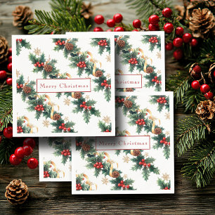 Christmas Holly Red Berries Pine Cones Gold Ribbon Napkin