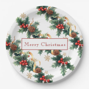 Christmas Holly Red Berries Pine Cones Gold Ribbon Paper Plate