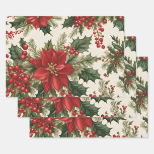 Christmas Holly & Red Berries Wrapping Paper Sheet