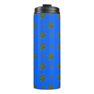 Christmas Holly Red Berry Pattern on Festive Blue  Thermal Tumbler