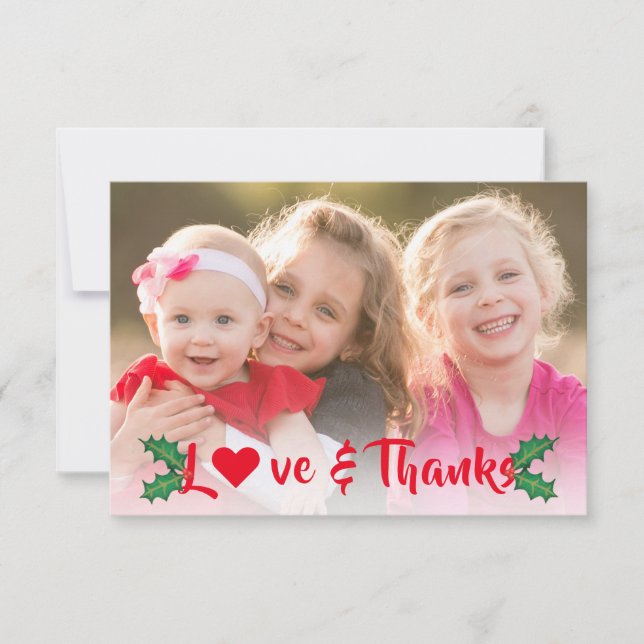 Christmas Holly Red Modern Script Holiday Photo Thank You Card (Front)