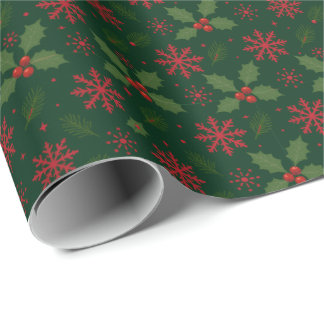 Christmas Holly & Red Snowflake Pattern Wrapping Paper