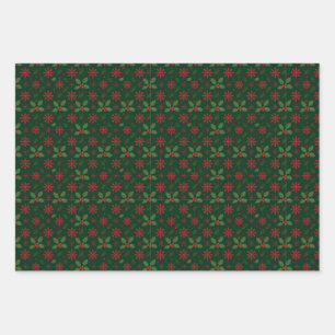 Christmas Holly & Red Snowflake Pattern Wrapping Paper Sheet